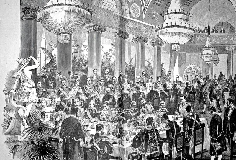 A festive dinner held as part of the anniversary celebrations at the Royal Pleasure Palace of Rosenstein in Stuttgart. It depicts an official celebration or a festive brunch (déjeuner) attended by high society as part of a historic jubilee marking the accession to the throne or a reign in the Kingdom of Württemberg, circa 1880, Germany, illustration, reproduction of a 19th-century original. Authentic, file restored for optimal use, exact date of the original unknown, historical