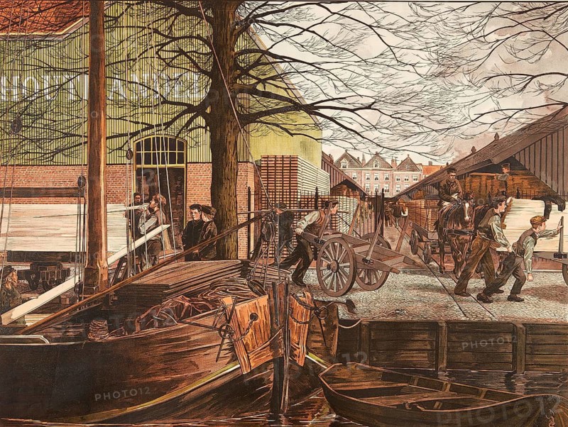 Waterfront lumber shop where workers unload and transport timber from a boat. Workers unload a timber transport ship, stack boards onto handcarts and transport the goods to the warehouses with horse-drawn vehicles, school picture, illustration, reproduction of a model from the 19th century. School picture, mural, authentic, file restored for optimal use, exact date of original unknown, historical