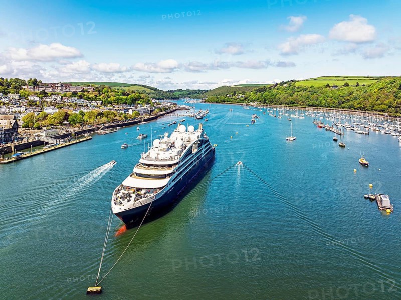 Le Bellot cruising ship on River Dart from a drone, Ponant Explorers, Dartmouth and Kingswear, River Dart, Devon, England, United Kingdom