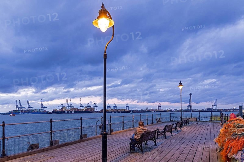 Pier overlooking Felixstowe container port, Harwich, England, Great Britain