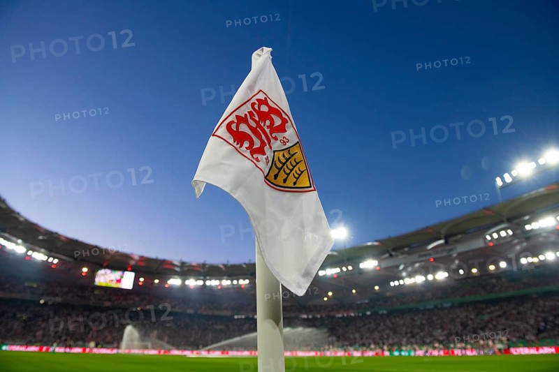 Corner flag, VfB Stuttgart, logo, blue hour, floodlight game, soccer Bundesliga, DFB-Pokal, MHPArena, MHP Arena Stuttgart, Baden-Württemberg, Germany