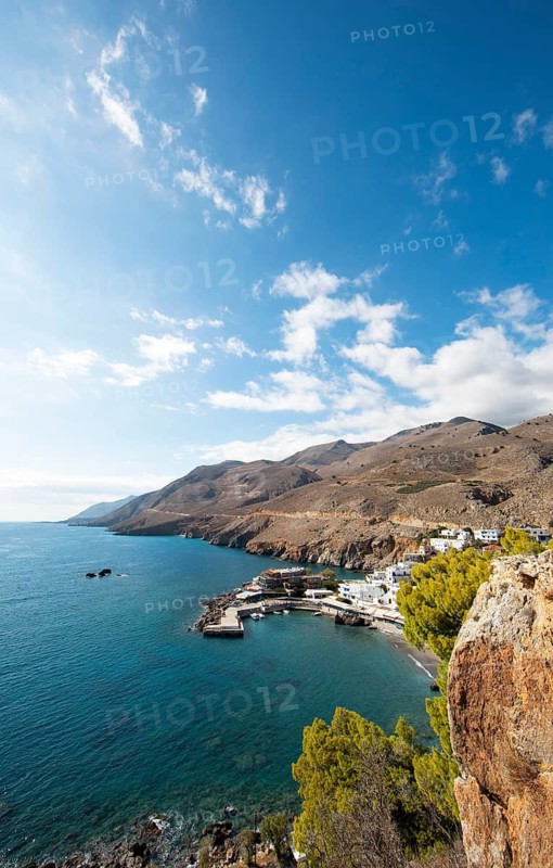 View of Chóra Sfakion on the Libyan Sea, with the Leka Ori or White Mountains in the back, Sfakia Municipality, Chania Regional Unit, Crete, Greece