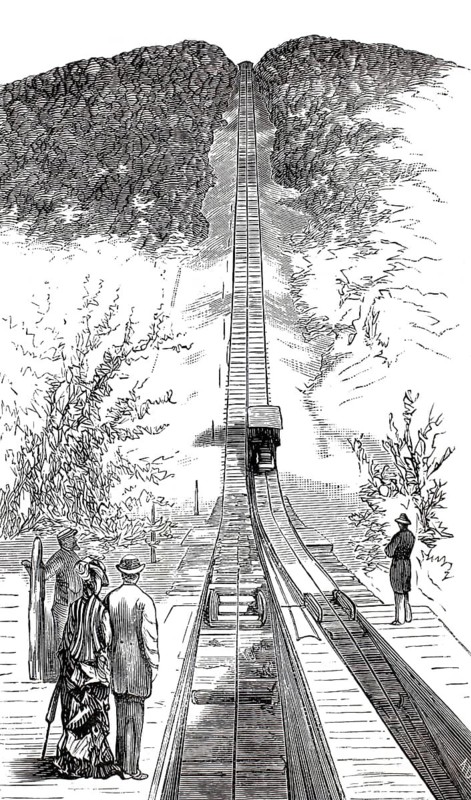 Mount Pisgah Plane, a steep cable car in Mauch Chunk, Pennsylvania, around 1890, inclined lift of the former Mauch Chunk Switchback Gravity Railroad, America, illustration, reproduction from a 19th-century model. Authentic, file restored for optimal use, exact date of submission unknown, historical