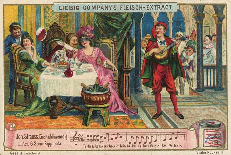 Johann Strauss picture series, scene from Act 2 of the operetta A Night in Venice. Illustration shows the macaroni chef Pappacoda having a serenade during a masquerade ball, favorite picture, digitally restored reproduction of a collector's painting from around 1900, exact date unknown