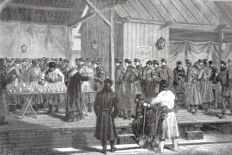 Catering for Russian soldiers, volunteers, by the Red Cross in a barrack or catering station. Guerre d'Orient, Oriental War, the contemporary French term for the Russo-Turkish War (1877-1878), illustration, reproduction from a 19th century original. Authentic, file restored for optimal use, exact date of original unknown, Historical