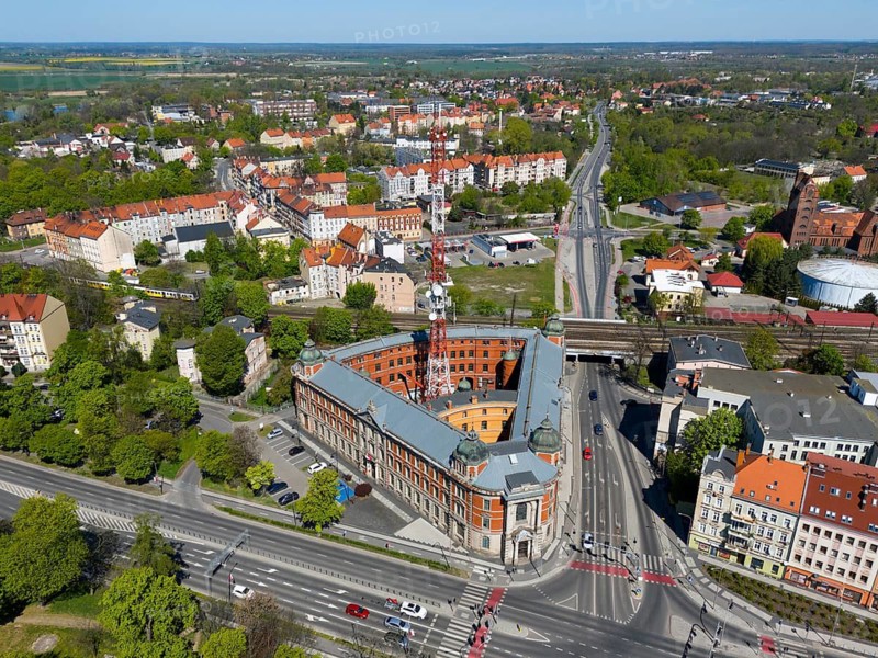 Aerial view of an urban center with distinctive buildings and a structured road network, aerial view, Polish Post Office, Legnica, Liegnitz, Lower Silesian Voivodeship, Poland
