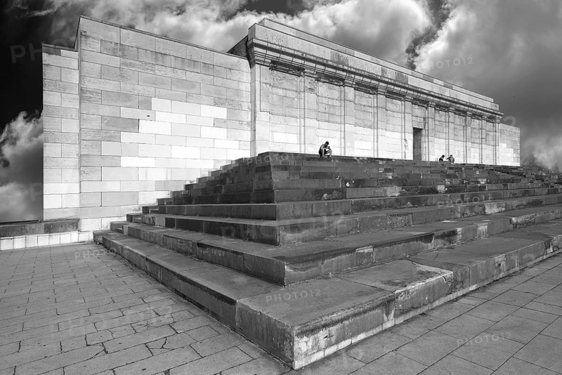 Central building of the National Socialists' Zeppelin main stand on the former Reichsparteitag grounds, 1933-1945, cloudy sky, black and white, Nuremberg, Middle Franconia Bavaria, Germany