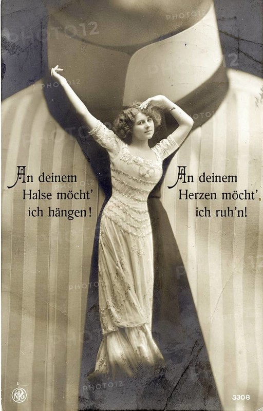 Photo montage, An dein Halse möcht ich hang, woman in vintage dress in front of an oversized shirt collar with monochrome design and romantic text, Neue Photographische Gesellschaft Berlin, around 1904