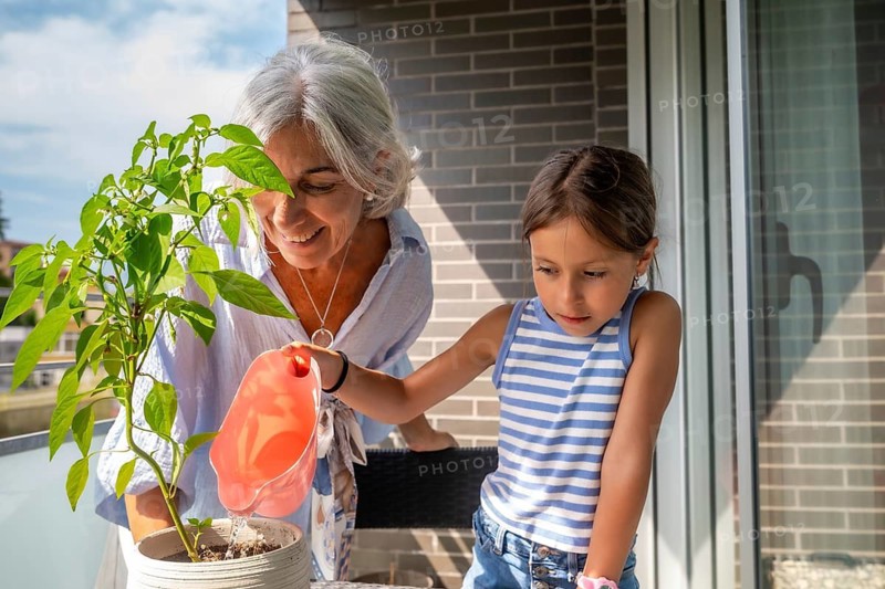 Grandmother and granddaughter bonding while watering a small plant in a pot on a sunny balcony, sharing a moment of care and generational connection