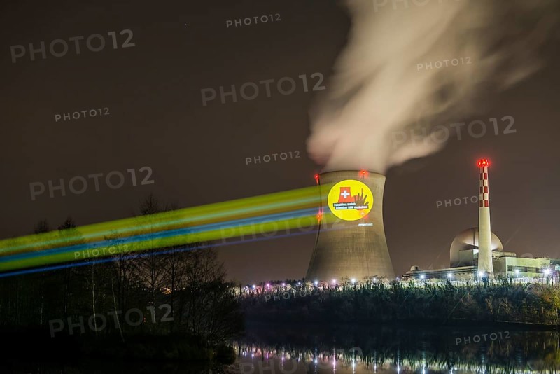 Protest action broadcast by the anti-nuclear organization, projection, night view, 05-03-2026, Waldshut, Leibstadt nuclear power plant, Rhine, Upper Rhine, Canton of Aargau, Switzerland