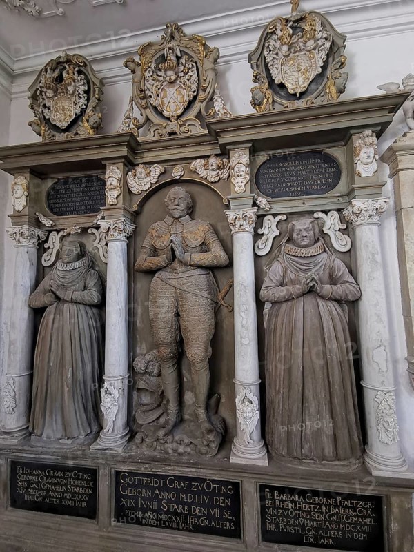 Epitaphs, grave monuments, of the Counts of Oettingen in the Castle Church of St. Michael at Harburg Castle, Harburg, Donau-Ries district, Swabia, Bavaria, Germany