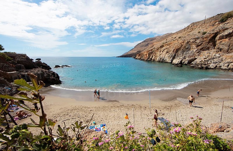 Vrissi Beach or Vrisi Beach, Chóra Sfakion on the Libyan Sea, on the right the Leka Ori or White Mountains, Municipality of Sfakia, Chania Regional Unit, Crete, Greece