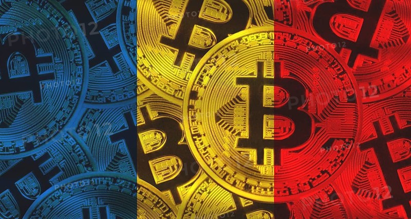 Romanian flag with Bitcoins in the background. Investors in cryptocurrency and Blockchain Technology in Romania