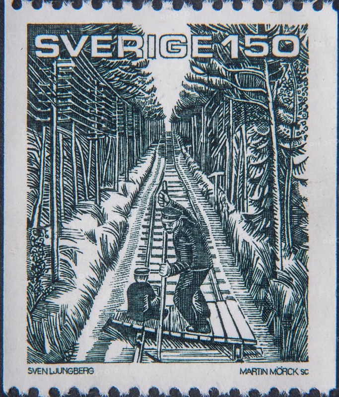 Railway builders in northern Sweden. Picture on Swedish postage stamp
