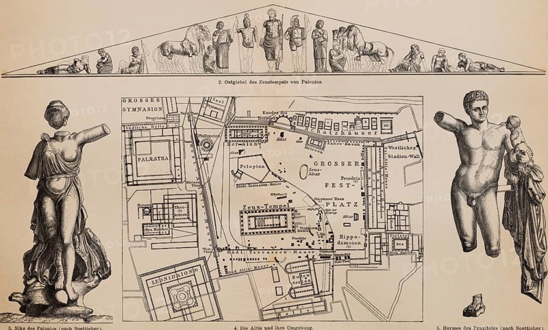 Excavations of Olympia, Elis, venue of the ancient Olympic Games. UNESCO World Heritage Site, East Gable of the Temple of Zeus in Paionios, Floor Plan of Altis and Surrounding Area, Altar, Zeus Altar, Pelopion, Palace, Palaestra, Nike of Palonios Statue, Hermes of Praxiteles, Peloponnese Peninsula, Greece, Sanctuary of Zeus, Archeology, Historical Illustration 1885