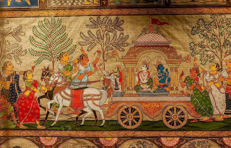 Pattachitra painting representing hindu deities and female devotees. Exhibited in the Mahant Ghasidas Memorial Museum (Raipur, Chhattisgarh, India) . Patachitra is a traditional artform from the state of Odisha India . It is related to the cult of the hindu god Jagannath, the local version of Krishna