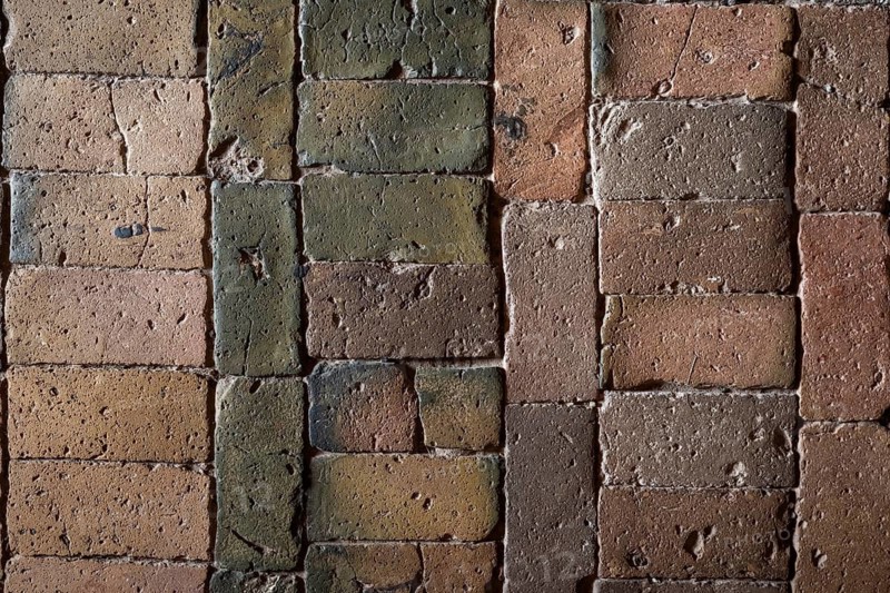 Detailed view, floor with old earth-colored bricks crisscrossed by cracks, church, Husby Church, Husby, Holstebro Municipality, Denmark