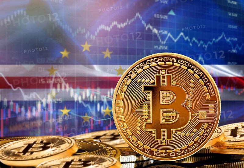 Investors in cryptocurrency and Blockchain Technology in Cape Verde, Concept. Bitcoin with Cape Verdean flag in the background