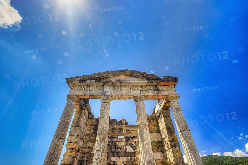 Saithidai Family Tomb Monument, Ruins of an Ancient Temple with Massive Columns in Sunlight, Ancient Site, Archaeological Site, Messene, Messini, Messinia, Southwest of the Peloponnese, Odyssey, Odysseus, Ulysses, Movie, Filming Location, Matt Damon, Peloponnese, Peninsula, Greece
