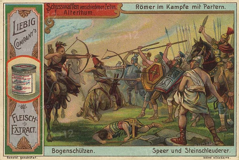 Series of pictures of firearms from different periods, battle between Roman legionaries and Parthian archers in antiquity. Battle scene between Roman legionaries and Parthian warriors. In the foreground are Parthian archers on horseback (left) and Roman soldiers with spear and slingshot (right), Liebig picture, digitally restored reproduction of a collector's picture from around 1900, exact date unknown