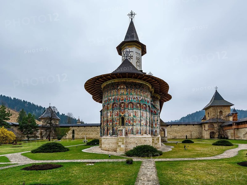 Moldavian monastery Sucevita with colorful wall paintings, UNESCO World Heritage Site, Moldova, Romania