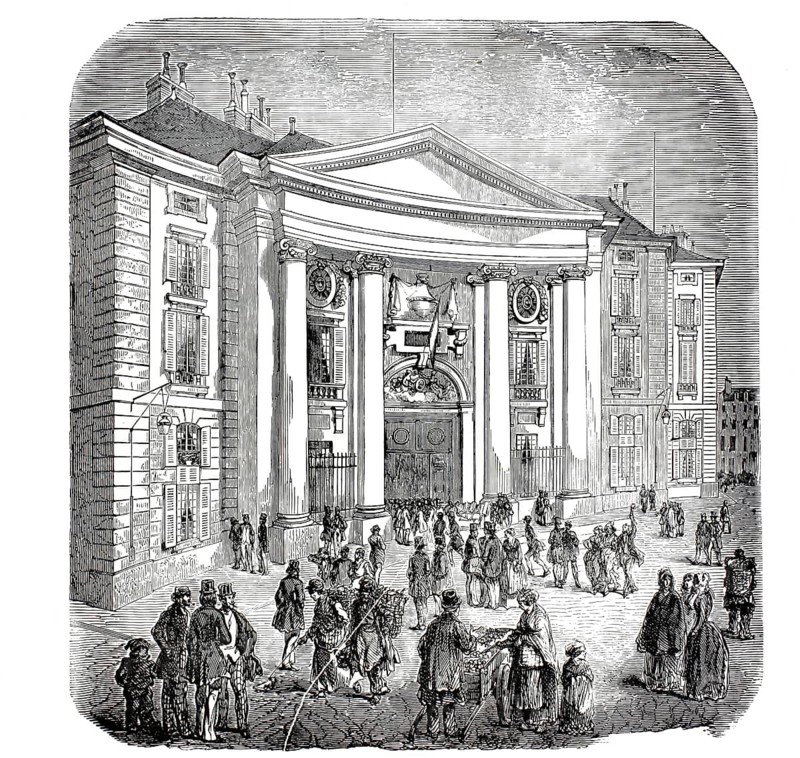 Exterior view of the École de Droit, Faculty of Law, in Paris. The neoclassical building, designed by famous architect Jacques-Germain Soufflot, is characterized by its distinctive, curved colonnade façade. The scene captures the lively Parisian street life of the 19th century with students, townspeople and street vendors in front of the main entrance, France, illustration, reproduction from a 19th-century model. Authentic, file restored for optimal use, exact date of submission unknown, historical