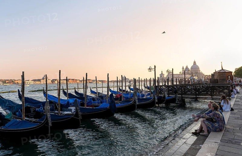 Tourists enjoying the evening, Venetian gondolas, boat launch at St. Mark's Square, Basilica Santa Maria della Salute in the evening light, Venice, Veneto, Italy