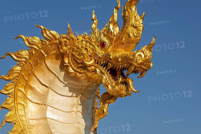 The golden Naga dragon rises against the clear sky of the Khao Kho Mountains. Its flame-like ornaments, red eyes and finely sculpted scales reflect the modern, mosaic-rich temple aesthetics for which this complex is famous. Buddhist temple complex Wat Phra That Sorn Kaew, Khao Kho Mountains, Phetchabun Province, Isan, Thailand