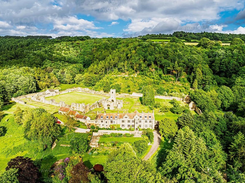 Mount Grace Priory, House and Gardens from a drone, East Harlsey, North Yorkshire, England, United Kingdom