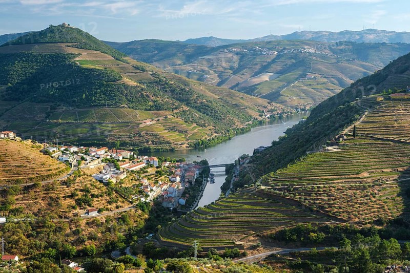 Regua town in Douro Valley Portugal, framed by Douro river water, vineyard terraces, green hills and wine country slopes