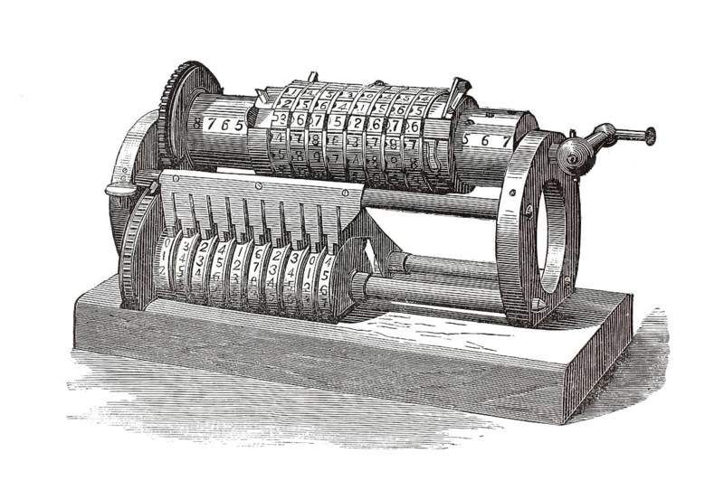 Mechanical calculator by George B. Grant from 1877. Manually operated addition and multiplication machine, four-species machine. The numbers are set using the front rings/wheels and processed by turning the side crank, illustration, reproduction from a 19th century model. Authentic, file restored for optimal use, exact date of submission unknown, historical