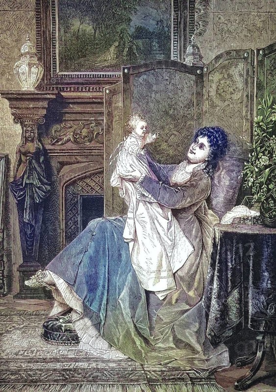 An elegantly dressed woman sits in an armchair and lovingly lifts her baby into the air. The toddler is wearing a long christening dress or nightgown and stretches out to the mother. The scene is set in a richly decorated 19th century salon. In the background is a magnificent fireplace supported by a caryatid, illustration, reproduction of a model from the 19th century. Authentic, file restored for optimal use, exact date of original unknown, historical, colored