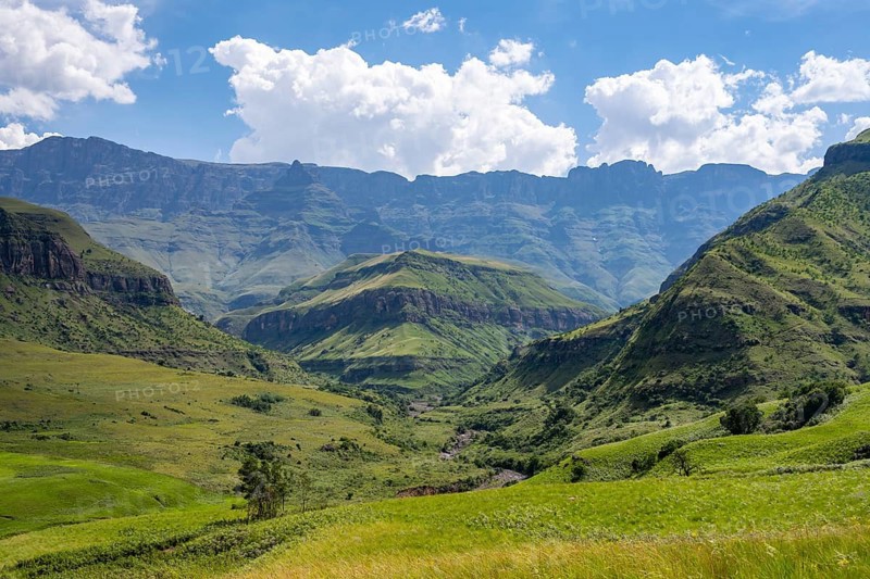 Mountainous landscape of the Cathedral Range, view of the Drakensberg Mountains, KwaZulu-Natal, South Africa