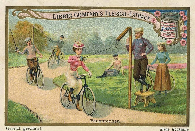Cycling picture series, scene illustrating ring stabbing, a traditional equestrian sport, but practiced here on bicycles, favorite picture, digitally restored reproduction of a collector's painting from around 1900, exact date unknown