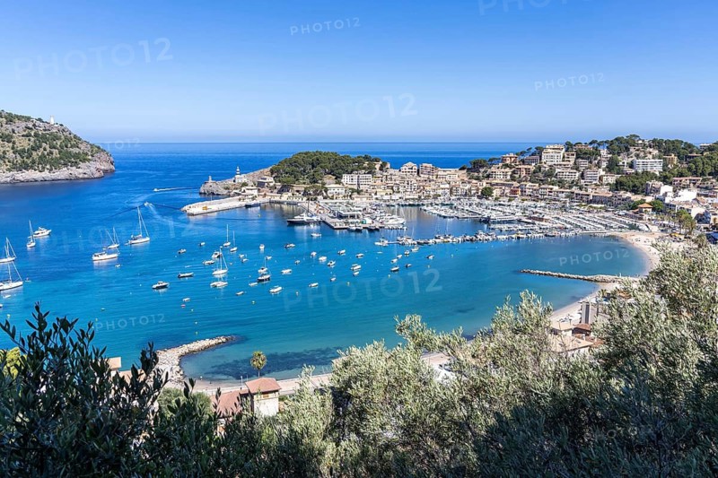 Port de Soller in Majorca from above Seaside Beach Marina with boats Trip in Spain