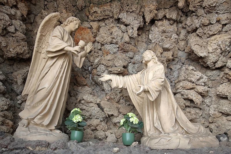 Angel presents golden chalice to Jesus, stone sculpture, biblical scene on the Mount of Olives, gesture with open arms, symbol, Kreuzberg, Endenich, Bonn, North Rhine-Westphalia, Germany