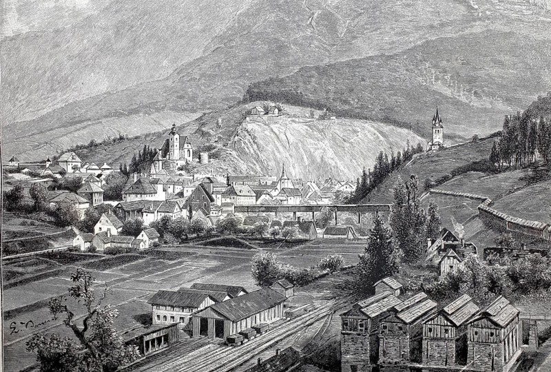 Historical view of the town of Eisenerz in Austria, 1890, in the background is the famous Styrian Erzberg, which is considered to be the most important iron ore mining company in Central Europe, illustration, reproduction from a model from the 19th century. Authentic, file restored for optimal use, exact date of submission unknown, historical