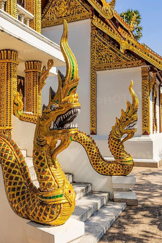 Gold-decorated Naga dragon figures, Buddhist temple complex Wat Phra That Si Chom Thong, near Chiang Mai, Chiang Mai Province, Thailand