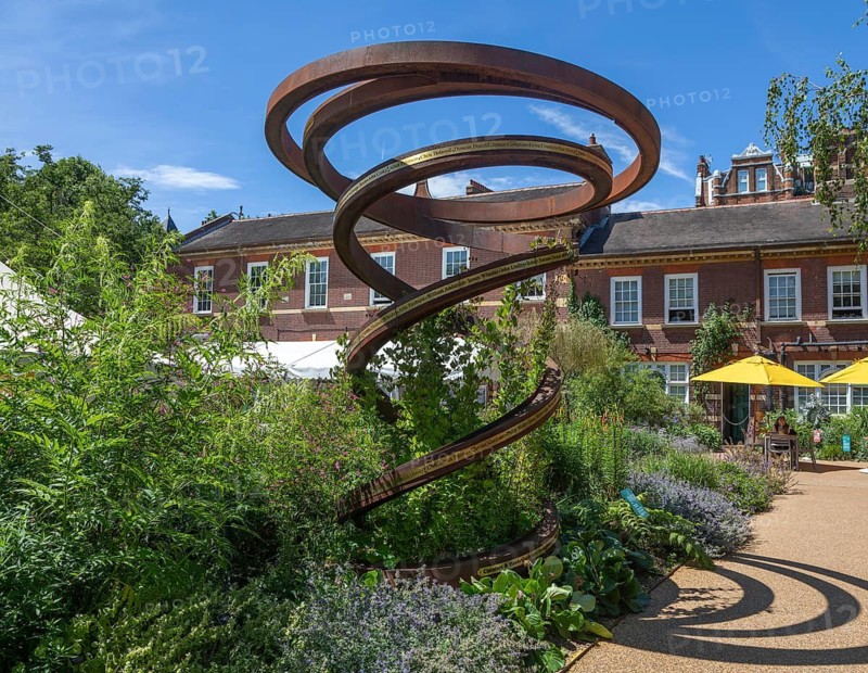 Steel spiral sculpture with names of head gardeners in gardens at Chelsea Physic Garden, London, England, UK