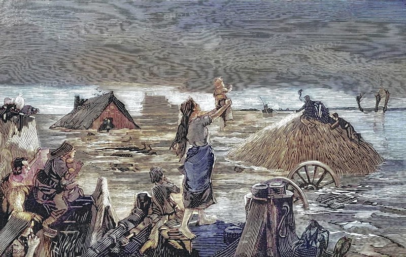 The dramatic effects of the storm surge of January 30 and 31, 1877 in the West Polder in the Dutch province of Groningen. People can be seen who have rescued themselves on makeshift rafts, the roofs of flooded farmhouses and on haystacks while everything around them is under water. In the center, a mother desperately raises her toddler up, Holland, illustration, reproduction from a 19th-century model. Authentic, file restored for optimal use, exact date of original unknown, historical, nostalgically colored