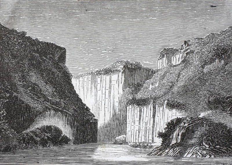 Kazan Gorge, which is part of the Danube Breakthrough Valleys, known as the Iron Gate on the border between Serbia and Romania, 1877, illustration, reproduction from a 19th-century model. Authentic, file restored for optimal use, exact date of submission unknown, historical