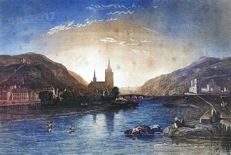 View of Bingen on the Rhine, illustration, reproduction from a 19th century model. Authentic, file restored for optimal use, exact date of original unknown, historical, nostalgically colored