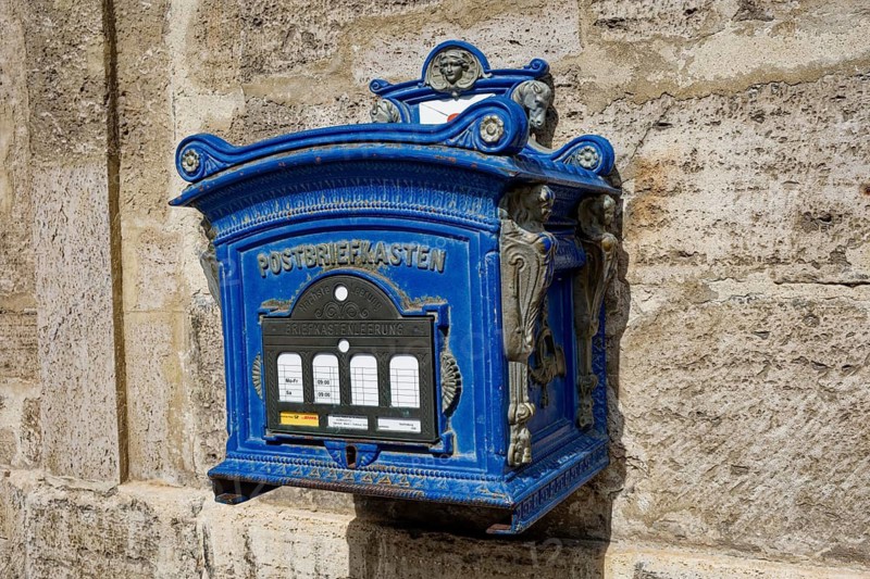 Historic mailbox at the town hall, post, letter post, market square, spa town, old town, Bad Langensalza, Thuringia, Germany