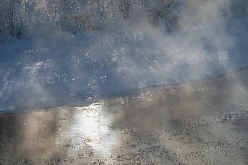 Fog and ice crystals over the river Glomma (Glåma), Alvdal, Hedmark, Innlandet, Norway, February 2026