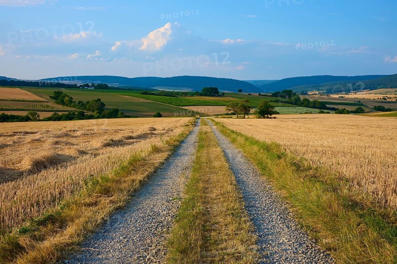 Gravel road through fields that stretch to the horizon, summer, Mönchberg, Miltenberg, Spessart, Bavaria, Germany