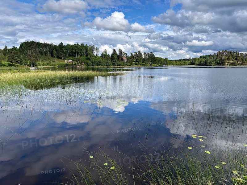 A quiet lake under a cloudy sky, with clear water reflections and surrounding meadows, Dalsland Canal, Dalsland, Sweden