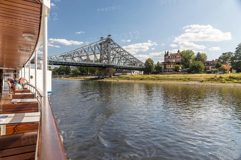 On the Elbe in Dresden, here at the Blue Wonder, Dresden, Saxony, Germany, with the historic paddle steamer LEIPZIG of Saxon Steamship