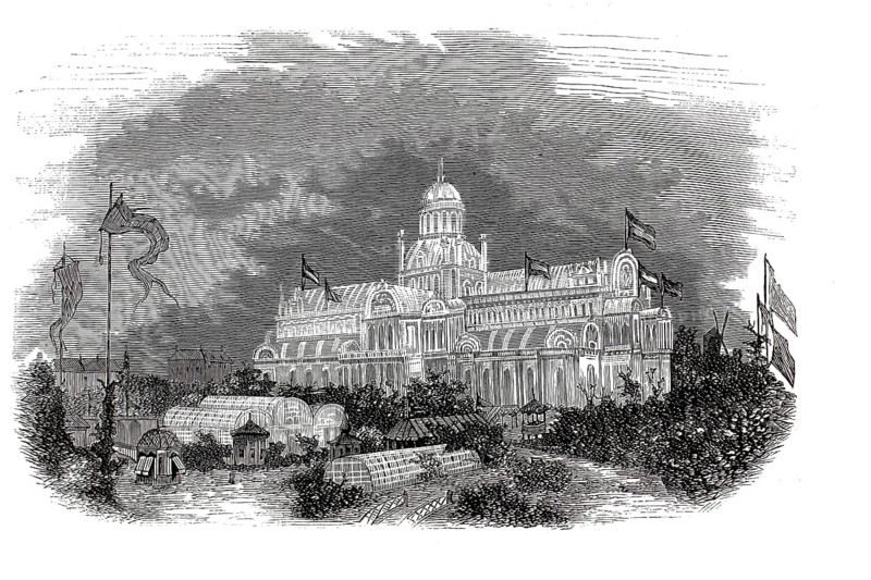Paleis voor Volksvlijt, Palace for Volksvlijt, on Frederiksplein in Amsterdam, often referred to as the Dutch Crystal Palace, built between 1857 and 1864. On the night of April 17-18, 1929, the architectural masterpiece of glass and iron was almost completely destroyed by a devastating fire, Holland, illustration, reproduction from a 19th century model. Authentic, file restored for optimal use, exact date of submission unknown, historical