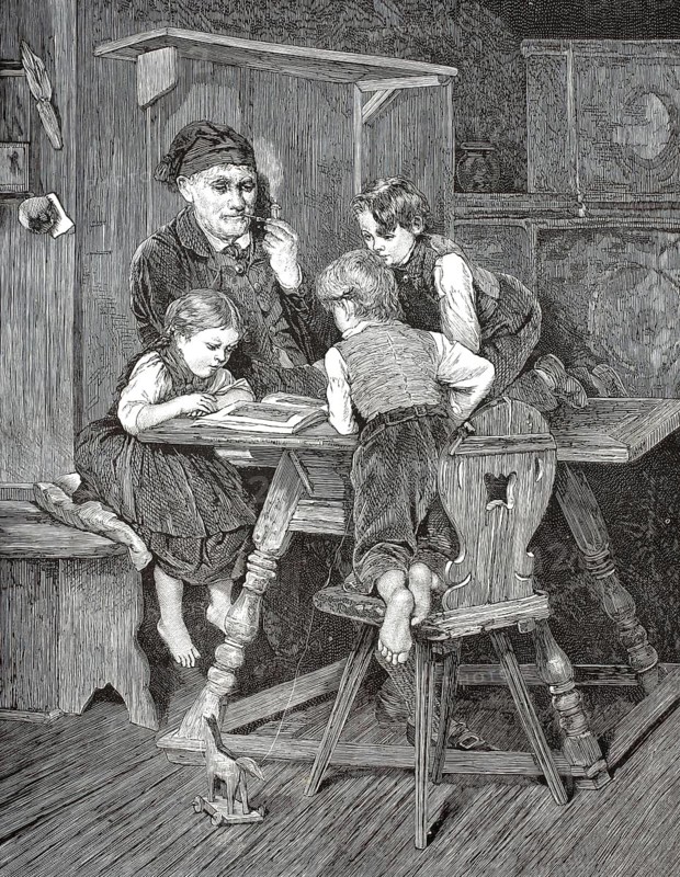 A grandfather sits at the table smoking, while three children look attentively and fascinatingly at a large picture book, illustration, reproduction of a model from the 19th century. Authentic, file restored for optimal use, exact date of submission unknown, historical