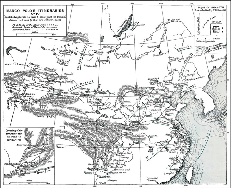 Marco Polo, c.?1254 –1324, an Italian merchant, explorer and writer, map of his travels, digital edited